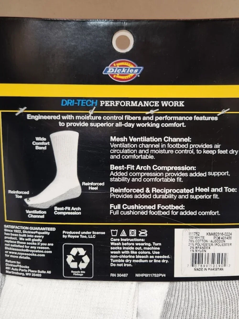 NEW Dickies Men's Dri-Tech Moisture Control Crew Socks 6 Pack Size XL White Soft